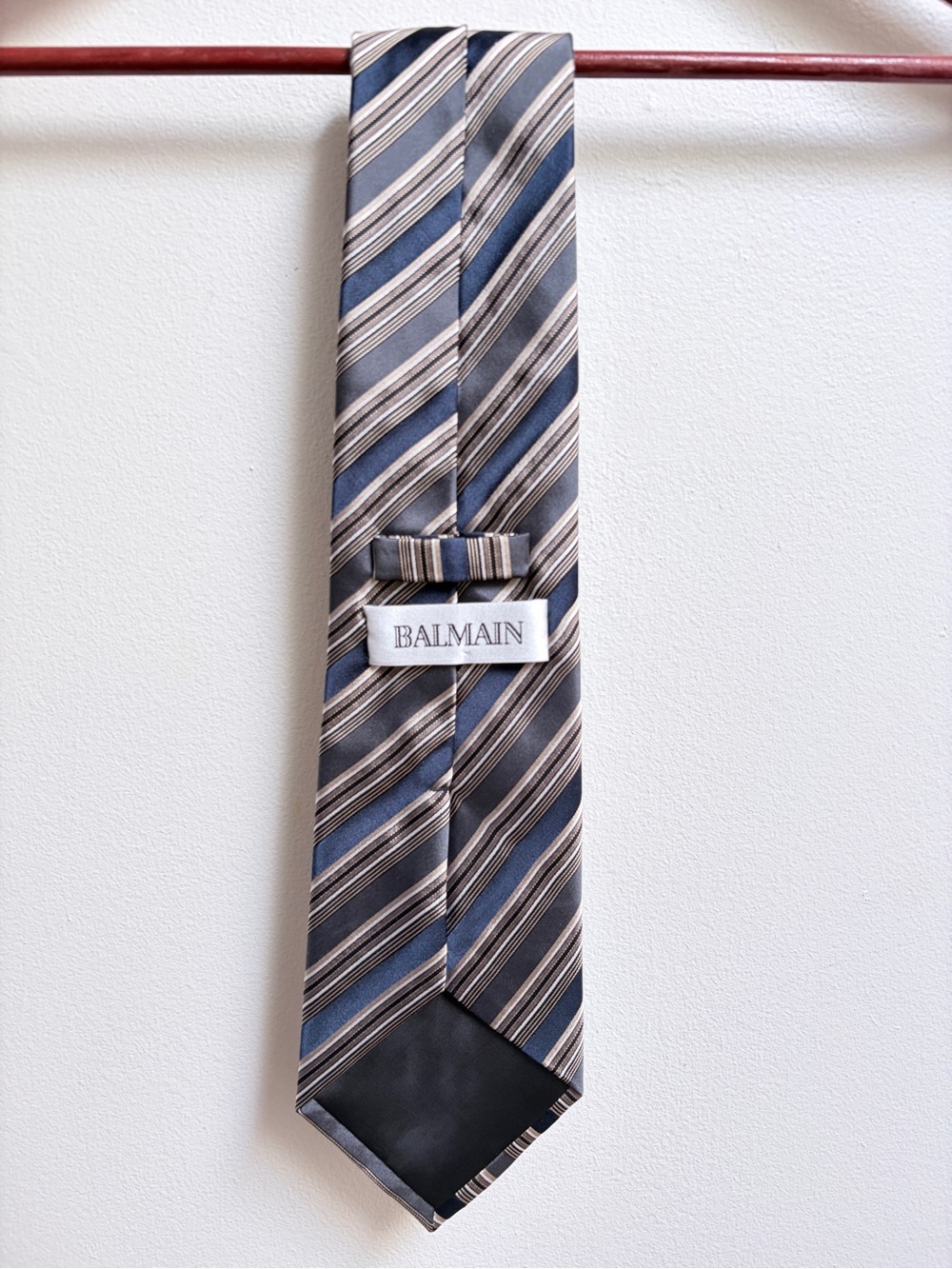 Balmain Striped 100% Silk Tie in Navy and Gray